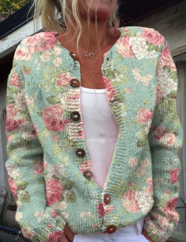 Astrid | Elegant green cardigan with floral print