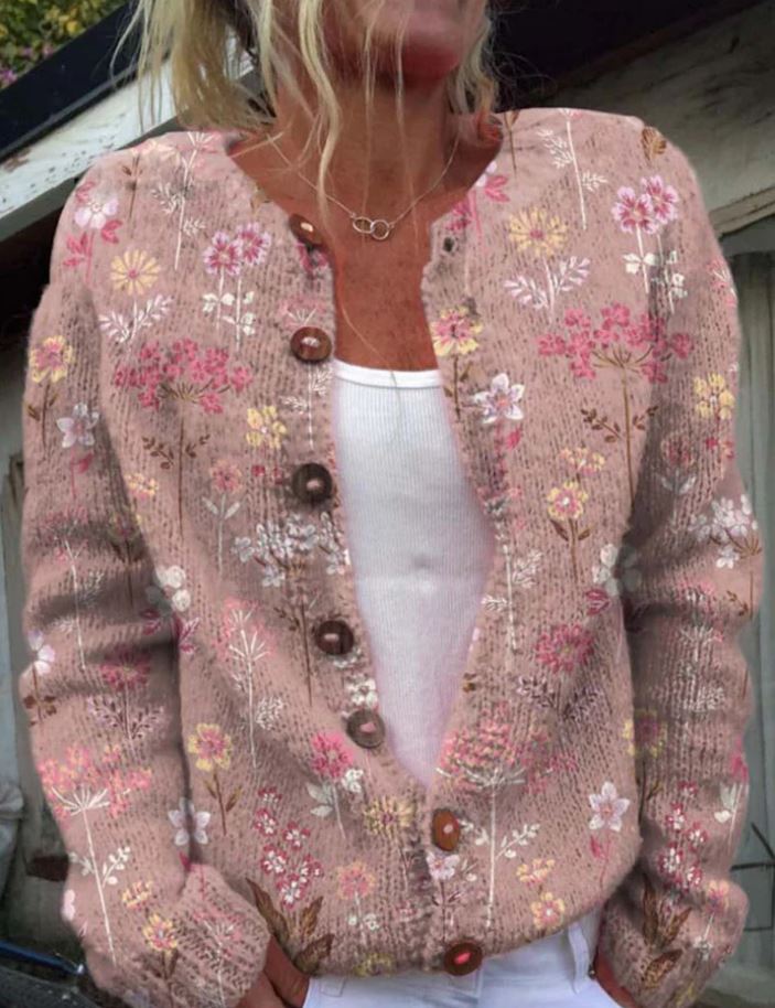 Freya | Elegant pink cardigan with floral print